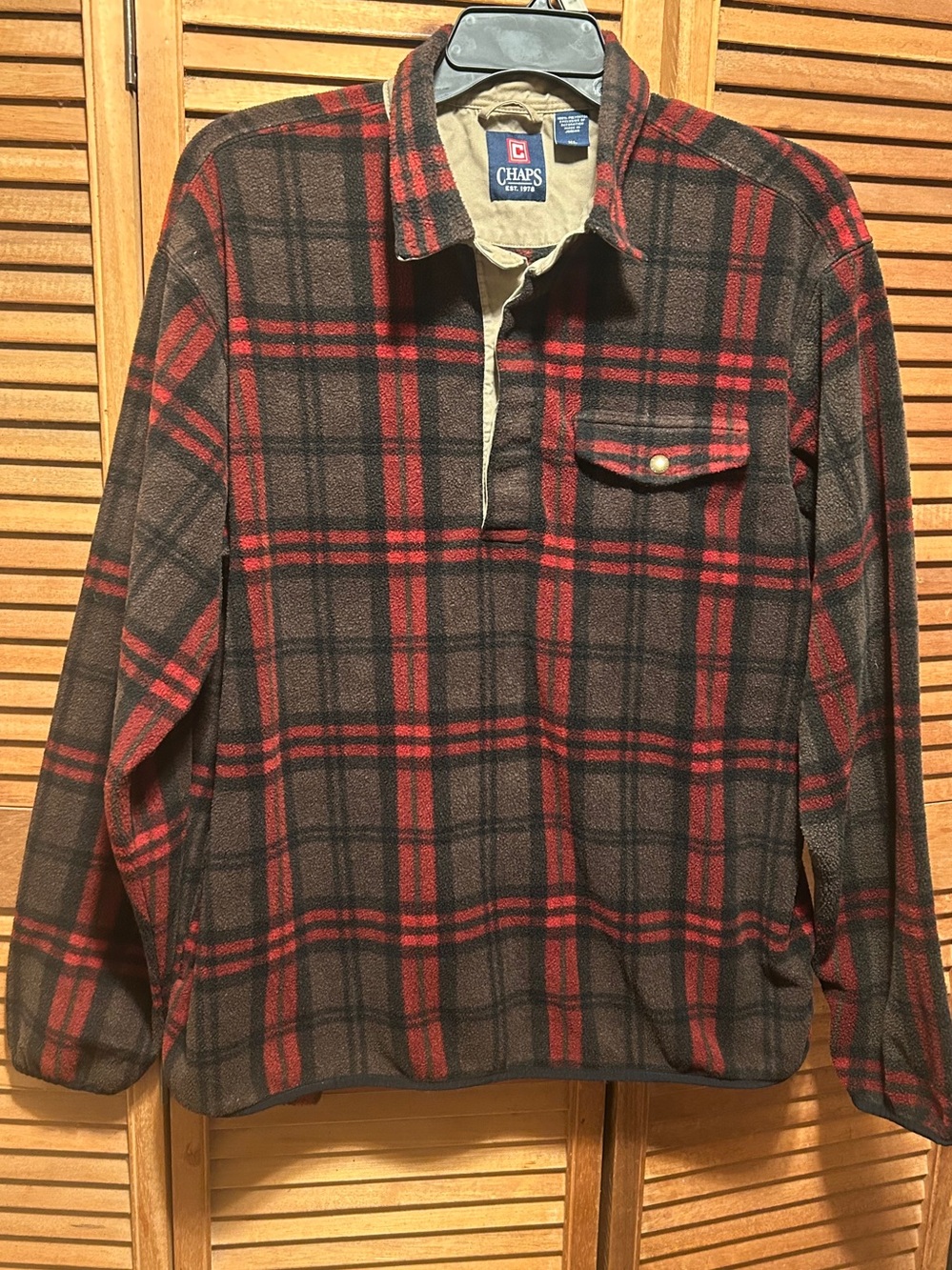 CHAPS Black, Green and Red Plaid 1/4 Snap Pullover Shacket w/Khaki Undercollar